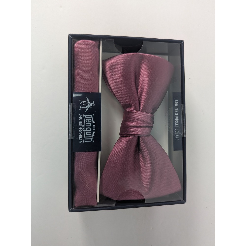 Original Penguin Bow Tie & Pocket Square Set Eggplant Purple Formal Accessory - Picture 4 of 7